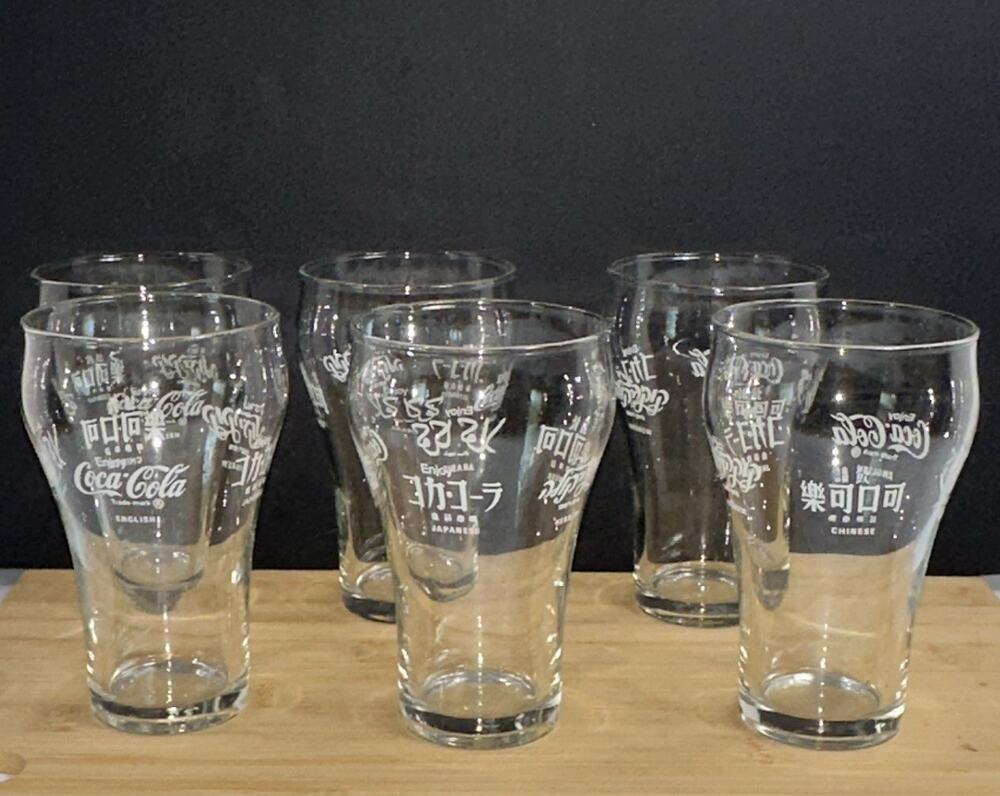 Coca-Cola Clear Glass Tumbler Set, White Logo, Multilingual Text